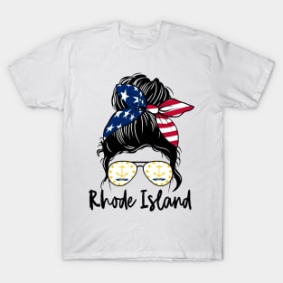 Rhode Island girl Messy bun , American Girl , Rhode Island Flag T-Shirt